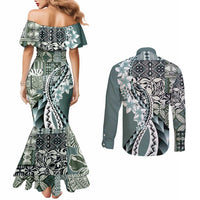 Aloha Vintage Plumeria Hawaiian Tapa Pattern Couples Matching Mermaid Dress and Long Sleeve Button Shirt Dark Turquoise Hawaiian Tapa Pattern LT9 - Polynesian Pride
