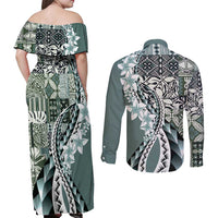 Aloha Vintage Plumeria Hawaiian Tapa Pattern Couples Matching Off Shoulder Maxi Dress and Long Sleeve Button Shirt Dark Turquoise Hawaiian Tapa Pattern LT9 - Polynesian Pride