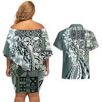 Aloha Vintage Plumeria Hawaiian Tapa Pattern Couples Matching Off Shoulder Short Dress and Hawaiian Shirt Dark Turquoise Hawaiian Tapa Pattern LT9 - Polynesian Pride