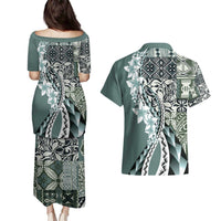 Aloha Vintage Plumeria Hawaiian Tapa Pattern Couples Matching Puletasi and Hawaiian Shirt Dark Turquoise Hawaiian Tapa Pattern LT9 - Polynesian Pride