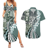 Aloha Vintage Plumeria Hawaiian Tapa Pattern Couples Matching Summer Maxi Dress and Hawaiian Shirt Dark Turquoise Hawaiian Tapa Pattern LT9 Turquoise - Polynesian Pride