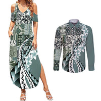 Aloha Vintage Plumeria Hawaiian Tapa Pattern Couples Matching Summer Maxi Dress and Long Sleeve Button Shirt Dark Turquoise Hawaiian Tapa Pattern LT9 Turquoise - Polynesian Pride