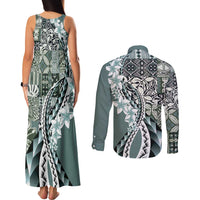 Aloha Vintage Plumeria Hawaiian Tapa Pattern Couples Matching Tank Maxi Dress and Long Sleeve Button Shirt Dark Turquoise Hawaiian Tapa Pattern LT9 - Polynesian Pride