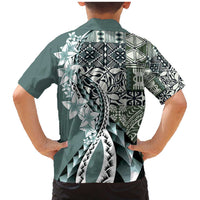 Aloha Vintage Plumeria Hawaiian Tapa Pattern Family Matching Mermaid Dress and Hawaiian Shirt Dark Turquoise Hawaiian Tapa Pattern LT9 - Polynesian Pride