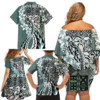 Aloha Vintage Plumeria Hawaiian Tapa Pattern Family Matching Off Shoulder Short Dress and Hawaiian Shirt Dark Turquoise Hawaiian Tapa Pattern LT9 - Polynesian Pride