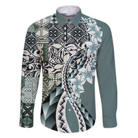 Aloha Vintage Plumeria Hawaiian Tapa Pattern Family Matching Off Shoulder Short Dress and Hawaiian Shirt Dark Turquoise Hawaiian Tapa Pattern LT9 Dad's Shirt - Long Sleeve Turquoise - Polynesian Pride