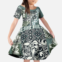 Aloha Vintage Plumeria Hawaiian Tapa Pattern Family Matching Puletasi and Hawaiian Shirt Dark Turquoise Hawaiian Tapa Pattern LT9 Daughter's Dress Turquoise - Polynesian Pride