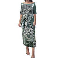 Aloha Vintage Plumeria Hawaiian Tapa Pattern Family Matching Puletasi and Hawaiian Shirt Dark Turquoise Hawaiian Tapa Pattern LT9 Mom's Dress Turquoise - Polynesian Pride