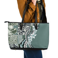 Aloha Vintage Plumeria Hawaiian Tapa Pattern Leather Tote Bag Dark Turquoise Hawaiian Tapa Pattern - Polynesian Pride