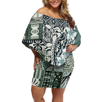 Aloha Vintage Plumeria Hawaiian Tapa Pattern Off Shoulder Short Dress Dark Turquoise Hawaiian Tapa Pattern - Polynesian Pride