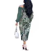Aloha Vintage Plumeria Hawaiian Tapa Pattern Off The Shoulder Long Sleeve Dress Dark Turquoise Hawaiian Tapa Pattern LT9 - Polynesian Pride
