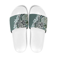 Aloha Vintage Plumeria Hawaiian Tapa Pattern Slide Sandals Dark Turquoise Hawaiian Tapa Pattern - Polynesian Pride