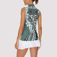 Aloha Vintage Plumeria Hawaiian Tapa Pattern Women Sleeveless Polo Shirt Dark Turquoise Hawaiian Tapa Pattern LT9 - Polynesian Pride