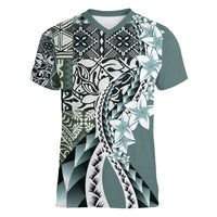 Aloha Vintage Plumeria Hawaiian Tapa Pattern Women V-Neck T-Shirt Dark Turquoise Hawaiian Tapa Pattern LT9 Female Turquoise - Polynesian Pride