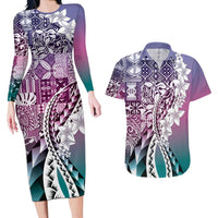 Aloha Vintage Plumeria Hawaiian Tapa Pattern Couples Matching Long Sleeve Bodycon Dress and Hawaiian Shirt Gradient Hawaiian Tapa Pattern LT9 Gradient - Polynesian Pride