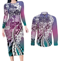Aloha Vintage Plumeria Hawaiian Tapa Pattern Couples Matching Long Sleeve Bodycon Dress and Long Sleeve Button Shirt Gradient Hawaiian Tapa Pattern LT9 Gradient - Polynesian Pride