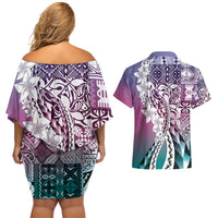 Aloha Vintage Plumeria Hawaiian Tapa Pattern Couples Matching Off Shoulder Short Dress and Hawaiian Shirt Gradient Hawaiian Tapa Pattern LT9 - Polynesian Pride