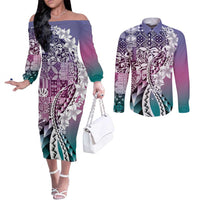 Aloha Vintage Plumeria Hawaiian Tapa Pattern Couples Matching Off The Shoulder Long Sleeve Dress and Long Sleeve Button Shirt Gradient Hawaiian Tapa Pattern LT9 Gradient - Polynesian Pride