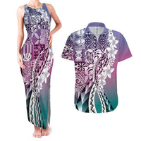 Aloha Vintage Plumeria Hawaiian Tapa Pattern Couples Matching Tank Maxi Dress and Hawaiian Shirt Gradient Hawaiian Tapa Pattern LT9 Gradient - Polynesian Pride