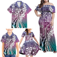 Aloha Vintage Plumeria Hawaiian Tapa Pattern Family Matching Off Shoulder Maxi Dress and Hawaiian Shirt Gradient Hawaiian Tapa Pattern LT9 - Polynesian Pride