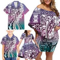 Aloha Vintage Plumeria Hawaiian Tapa Pattern Family Matching Off Shoulder Short Dress and Hawaiian Shirt Gradient Hawaiian Tapa Pattern LT9 - Polynesian Pride