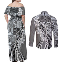Aloha Vintage Plumeria Hawaiian Tapa Pattern Couples Matching Off Shoulder Maxi Dress and Long Sleeve Button Shirt Gray Hawaiian Tapa Pattern LT9 - Polynesian Pride