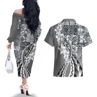 Aloha Vintage Plumeria Hawaiian Tapa Pattern Couples Matching Off The Shoulder Long Sleeve Dress and Hawaiian Shirt Gray Hawaiian Tapa Pattern LT9 - Polynesian Pride