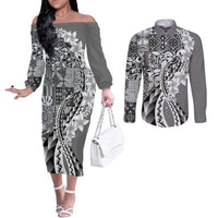 Aloha Vintage Plumeria Hawaiian Tapa Pattern Couples Matching Off The Shoulder Long Sleeve Dress and Long Sleeve Button Shirt Gray Hawaiian Tapa Pattern LT9 Gray - Polynesian Pride