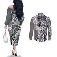 Aloha Vintage Plumeria Hawaiian Tapa Pattern Couples Matching Off The Shoulder Long Sleeve Dress and Long Sleeve Button Shirt Gray Hawaiian Tapa Pattern LT9 - Polynesian Pride