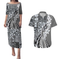 Aloha Vintage Plumeria Hawaiian Tapa Pattern Couples Matching Puletasi and Hawaiian Shirt Gray Hawaiian Tapa Pattern LT9 Gray - Polynesian Pride