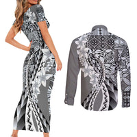 Aloha Vintage Plumeria Hawaiian Tapa Pattern Couples Matching Short Sleeve Bodycon Dress and Long Sleeve Button Shirt Gray Hawaiian Tapa Pattern LT9 - Polynesian Pride
