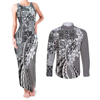 Aloha Vintage Plumeria Hawaiian Tapa Pattern Couples Matching Tank Maxi Dress and Long Sleeve Button Shirt Gray Hawaiian Tapa Pattern LT9 Gray - Polynesian Pride