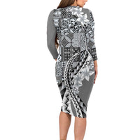 Aloha Vintage Plumeria Hawaiian Tapa Pattern Family Matching Long Sleeve Bodycon Dress and Hawaiian Shirt Gray Hawaiian Tapa Pattern LT9 - Polynesian Pride