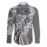 Aloha Vintage Plumeria Hawaiian Tapa Pattern Family Matching Puletasi and Hawaiian Shirt Gray Hawaiian Tapa Pattern LT9 Dad's Shirt - Long Sleeve Gray - Polynesian Pride