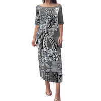 Aloha Vintage Plumeria Hawaiian Tapa Pattern Family Matching Puletasi and Hawaiian Shirt Gray Hawaiian Tapa Pattern LT9 Mom's Dress Gray - Polynesian Pride