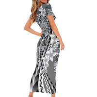 Aloha Vintage Plumeria Hawaiian Tapa Pattern Family Matching Short Sleeve Bodycon Dress and Hawaiian Shirt Gray Hawaiian Tapa Pattern LT9 - Polynesian Pride