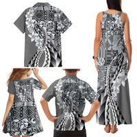 Aloha Vintage Plumeria Hawaiian Tapa Pattern Family Matching Tank Maxi Dress and Hawaiian Shirt Gray Hawaiian Tapa Pattern LT9 - Polynesian Pride