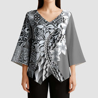 Aloha Vintage Plumeria Hawaiian Tapa Pattern Kimono Sleeve Blouse Gray Hawaiian Tapa Pattern - Polynesian Pride