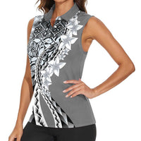 Aloha Vintage Plumeria Hawaiian Tapa Pattern Women Sleeveless Polo Shirt Gray Hawaiian Tapa Pattern LT9 - Polynesian Pride