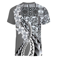 Aloha Vintage Plumeria Hawaiian Tapa Pattern Women V-Neck T-Shirt Gray Hawaiian Tapa Pattern LT9 - Polynesian Pride