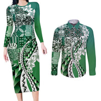 Aloha Vintage Plumeria Hawaiian Tapa Pattern Couples Matching Long Sleeve Bodycon Dress and Long Sleeve Button Shirt Green Hawaiian Tapa Pattern LT9 Green - Polynesian Pride