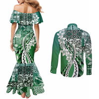Aloha Vintage Plumeria Hawaiian Tapa Pattern Couples Matching Mermaid Dress and Long Sleeve Button Shirt Green Hawaiian Tapa Pattern LT9 - Polynesian Pride