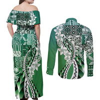 Aloha Vintage Plumeria Hawaiian Tapa Pattern Couples Matching Off Shoulder Maxi Dress and Long Sleeve Button Shirt Green Hawaiian Tapa Pattern LT9 - Polynesian Pride