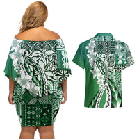 Aloha Vintage Plumeria Hawaiian Tapa Pattern Couples Matching Off Shoulder Short Dress and Hawaiian Shirt Green Hawaiian Tapa Pattern LT9 - Polynesian Pride