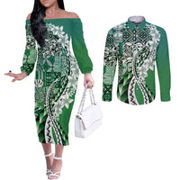 Aloha Vintage Plumeria Hawaiian Tapa Pattern Couples Matching Off The Shoulder Long Sleeve Dress and Long Sleeve Button Shirt Green Hawaiian Tapa Pattern LT9 Green - Polynesian Pride