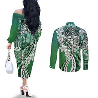 Aloha Vintage Plumeria Hawaiian Tapa Pattern Couples Matching Off The Shoulder Long Sleeve Dress and Long Sleeve Button Shirt Green Hawaiian Tapa Pattern LT9 - Polynesian Pride