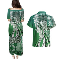 Aloha Vintage Plumeria Hawaiian Tapa Pattern Couples Matching Puletasi and Hawaiian Shirt Green Hawaiian Tapa Pattern LT9 - Polynesian Pride