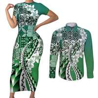 Aloha Vintage Plumeria Hawaiian Tapa Pattern Couples Matching Short Sleeve Bodycon Dress and Long Sleeve Button Shirt Green Hawaiian Tapa Pattern LT9 Green - Polynesian Pride