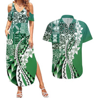 Aloha Vintage Plumeria Hawaiian Tapa Pattern Couples Matching Summer Maxi Dress and Hawaiian Shirt Green Hawaiian Tapa Pattern LT9 Green - Polynesian Pride