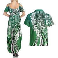 Aloha Vintage Plumeria Hawaiian Tapa Pattern Couples Matching Summer Maxi Dress and Hawaiian Shirt Green Hawaiian Tapa Pattern LT9 - Polynesian Pride